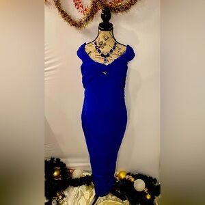 Club L London “Perfection” Cobalt Blue Off Shoulder Ruched Maternity Midi Dresss